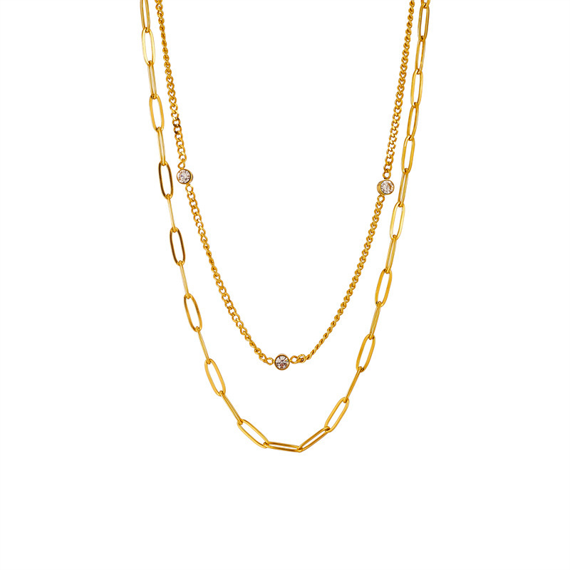 European and American style minimalist niche double-layer diamond-encrusted chain titanium steel metal hip-hop punk trendy versatile necklace