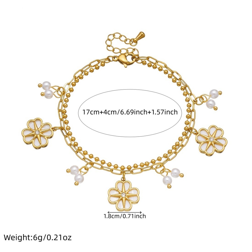 Niche fashion, understated luxury, versatile floral pearl bracelet, gold-plated stainless steel double-layer chain, high-end feel.