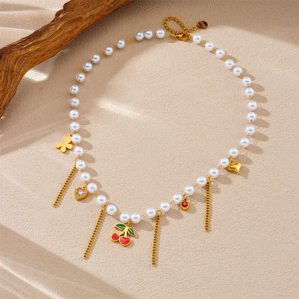Korean style sweet and elegant pearl chain tassel drip cherry heart butterfly pendant necklace