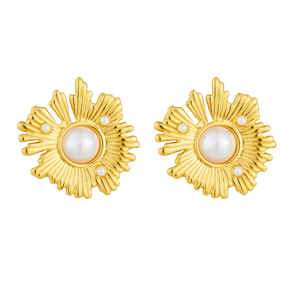 Korean style, fashionable, simple, commuter-friendly, irregular sunflower pearl stainless steel gold-plated earrings