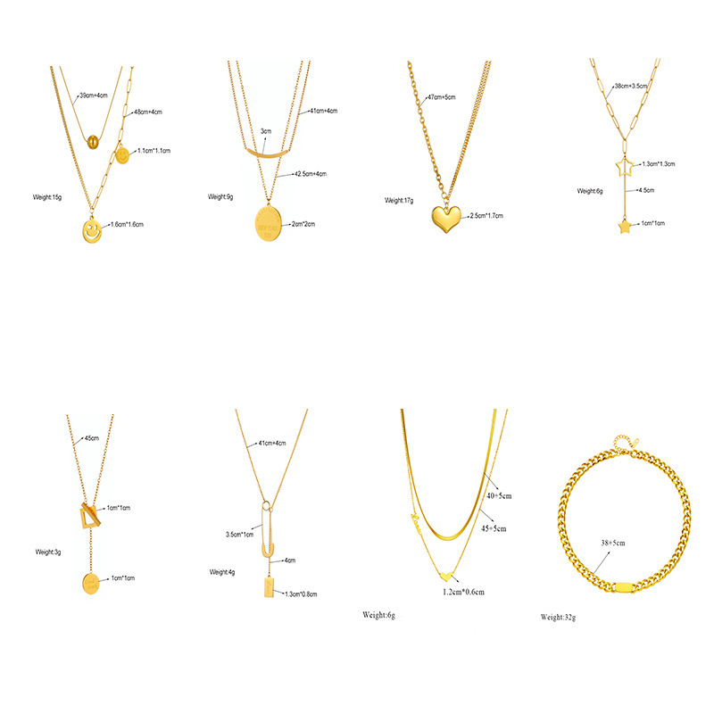 European and American style niche design gold-plated stainless steel irregular chain heart square smiley face pendant necklace