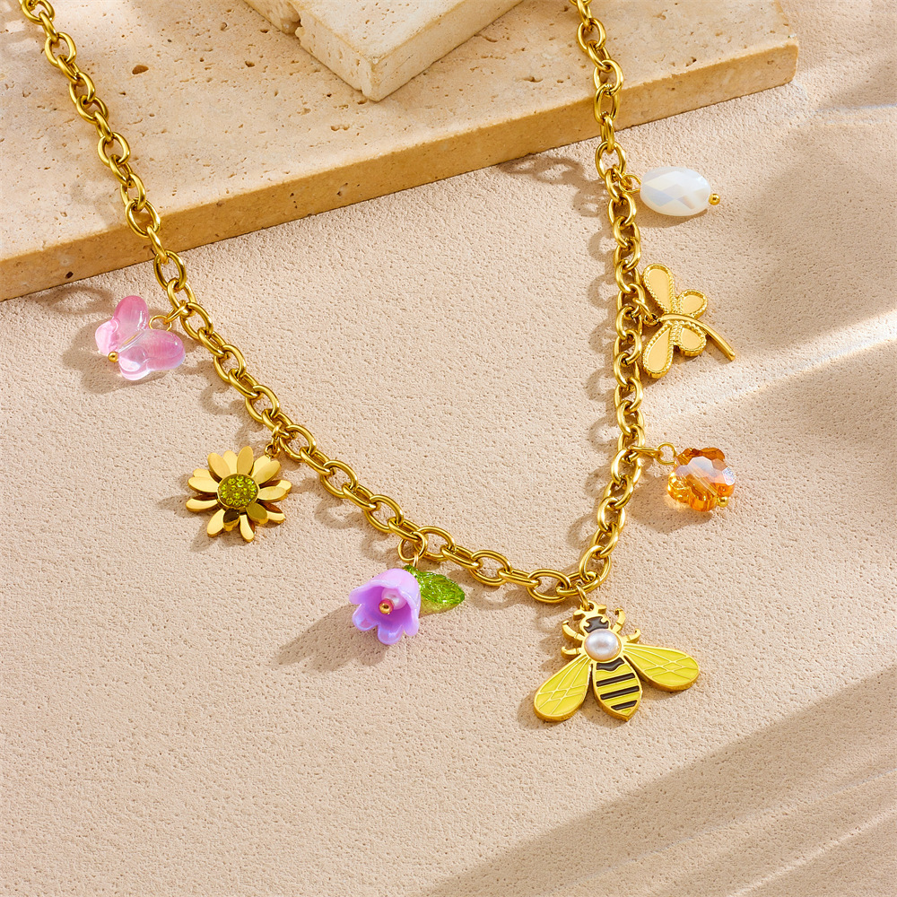 Fashionable new cross-border style pastoral style multi-element dripping cartoon bee sunflower dragonfly pendant stainless steel necklace