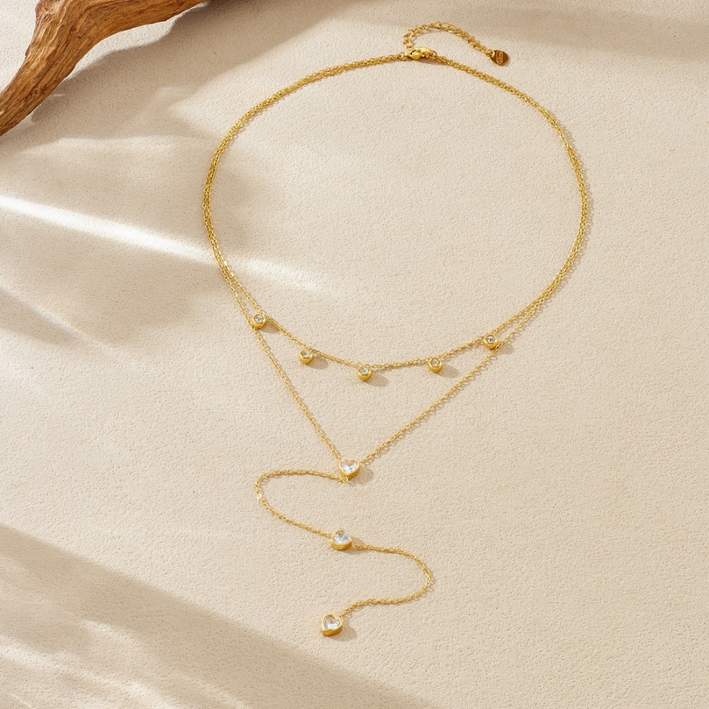 European and American cross-border fashion minimalist double-layered diamond-encrusted heart-shaped tassel delicate chain gold-plated stainless steel necklace