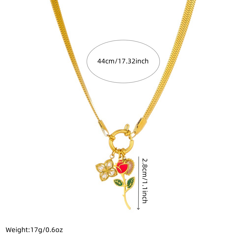 Fashionable retro gold-plated snake bone chain with dripping rose and diamond-encrusted square pendant, round spring clasp stainless steel necklace.