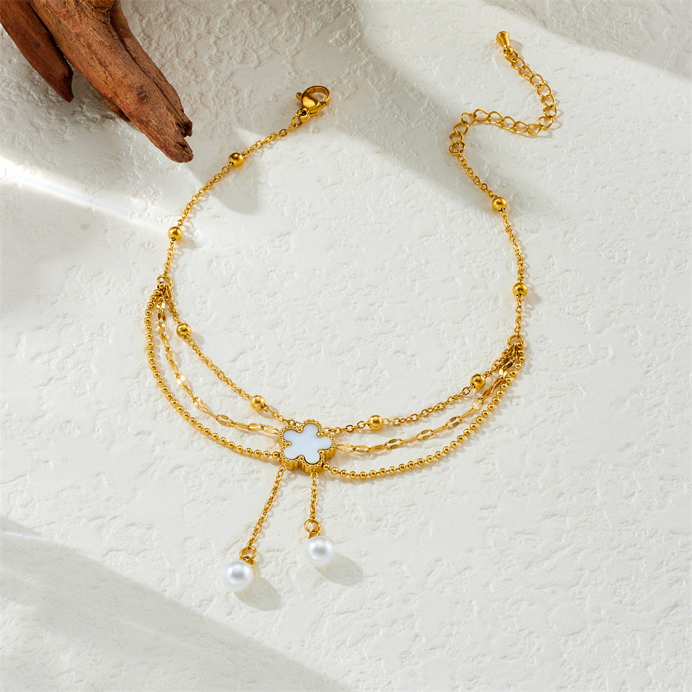 Korean style, trendy, unique, versatile pearl, shell, flower, tassel, chain, multi-layer stainless steel jewelry anklet.