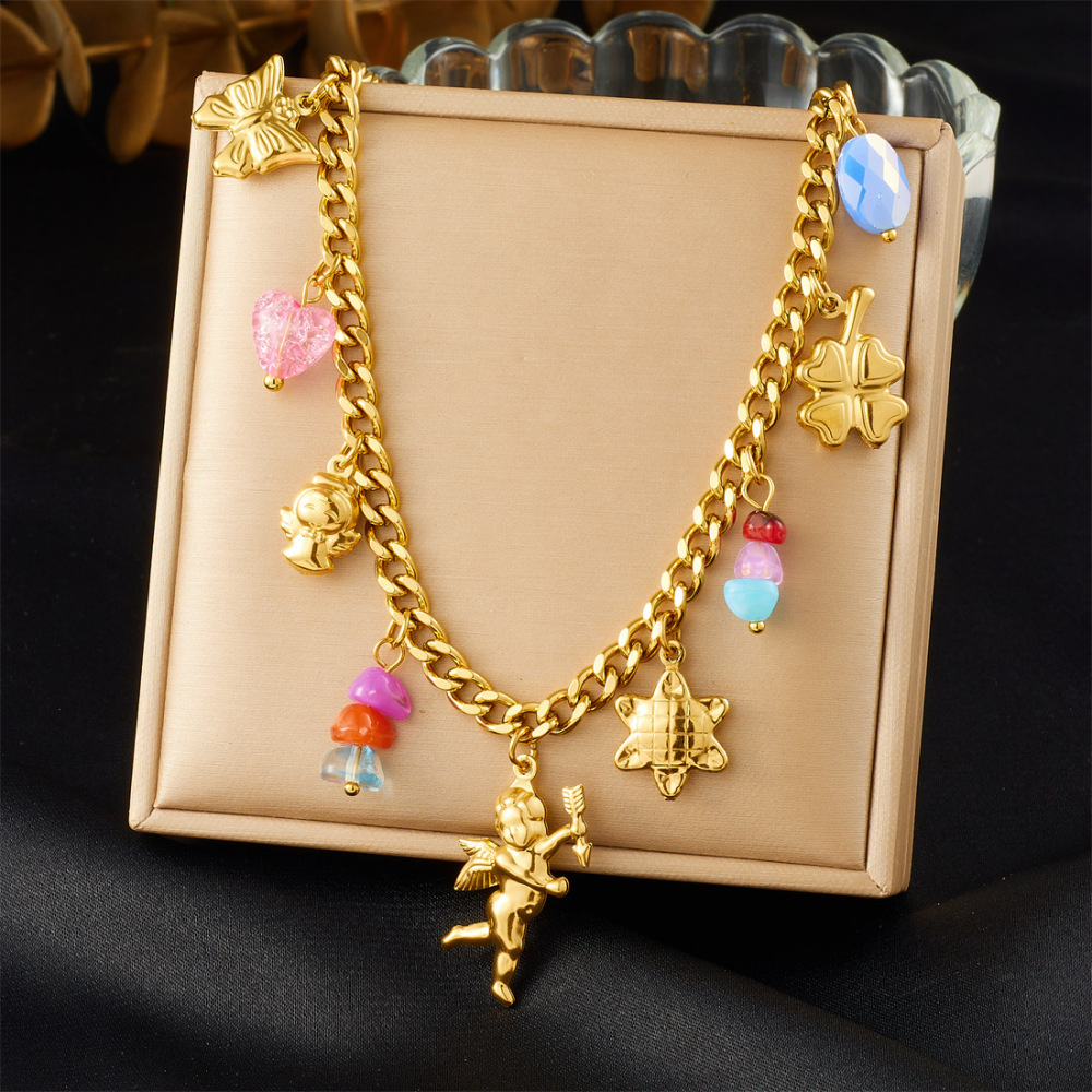 New cross-border fashion cute cartoon gold-plated 3D butterfly angel flower pendant stainless steel jewelry set