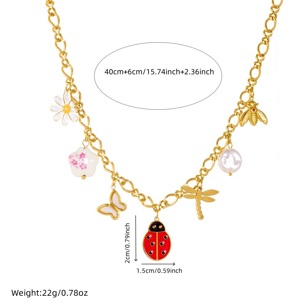 Korean Style Fashionable Creative Cartoon Multi-Element Accessories Insect Dripping Flowers Dragonfly Ladybug Stainless Steel Jewelry Set