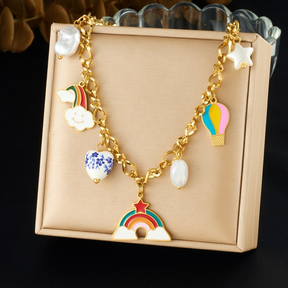Fashionable Cartoon Sweet and Cute Colorful Oil Drip Hot Air Balloon Rainbow Pendant Heart-Shaped Ceramic Accessories Jewelry Set