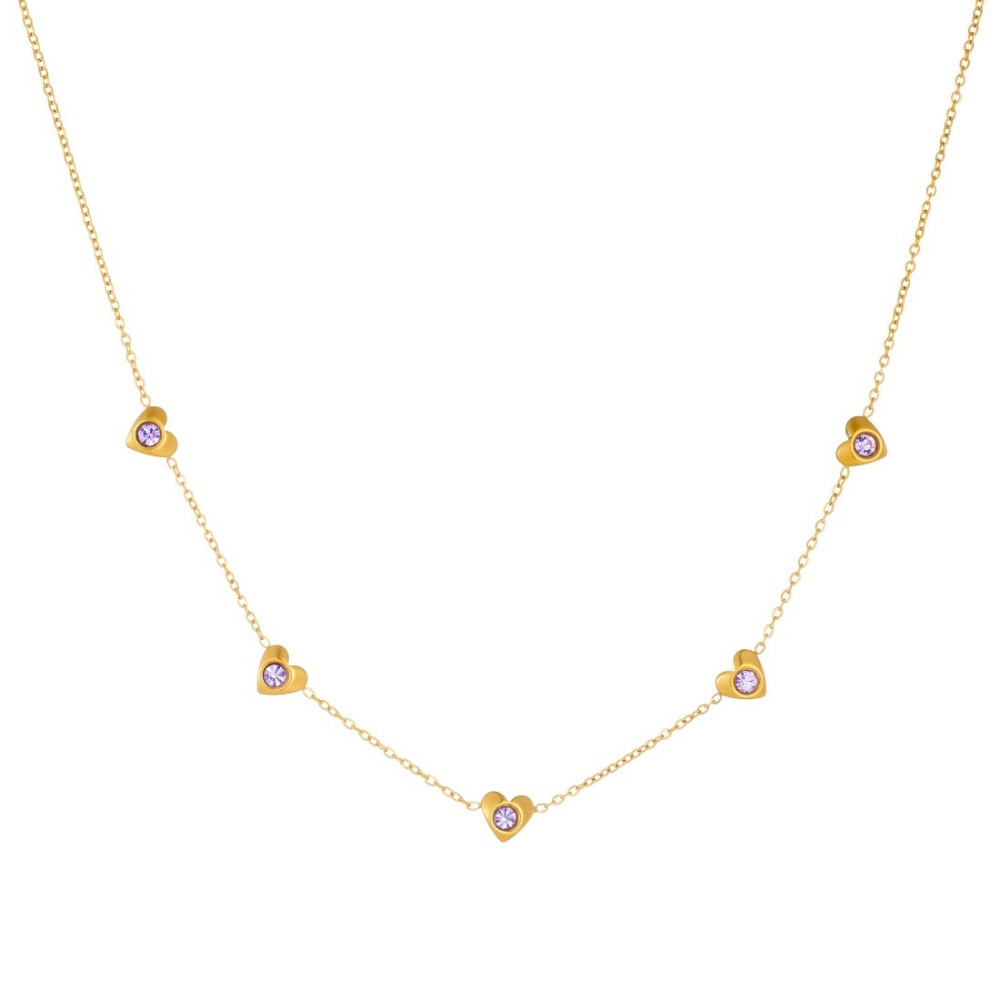 Korean-style fashionable and simple exquisite purple diamond-encrusted gold-plated heart-shaped accessory pendant jewelry three-piece set in stainless steel