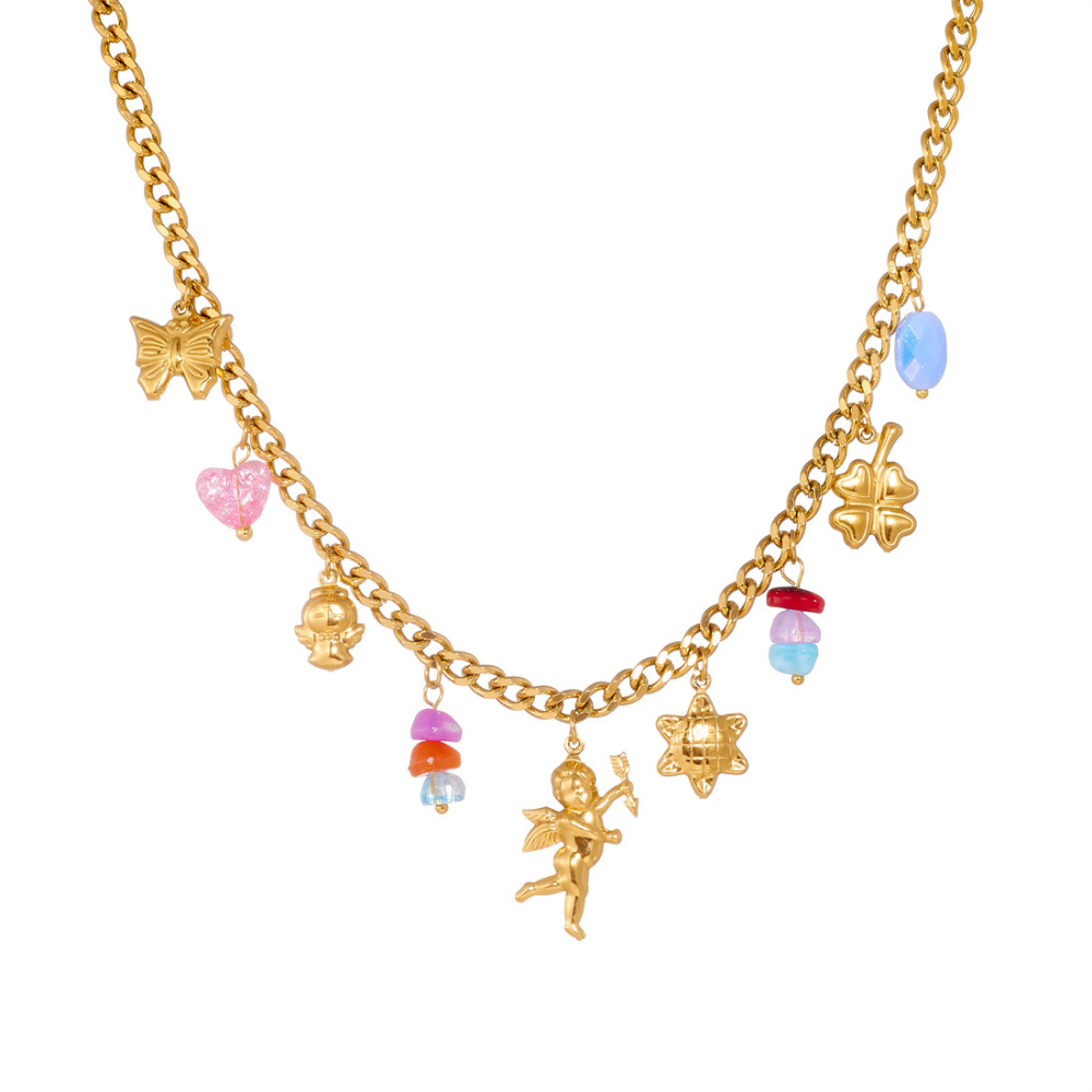 New cross-border fashion cute cartoon gold-plated 3D butterfly angel flower pendant stainless steel jewelry set