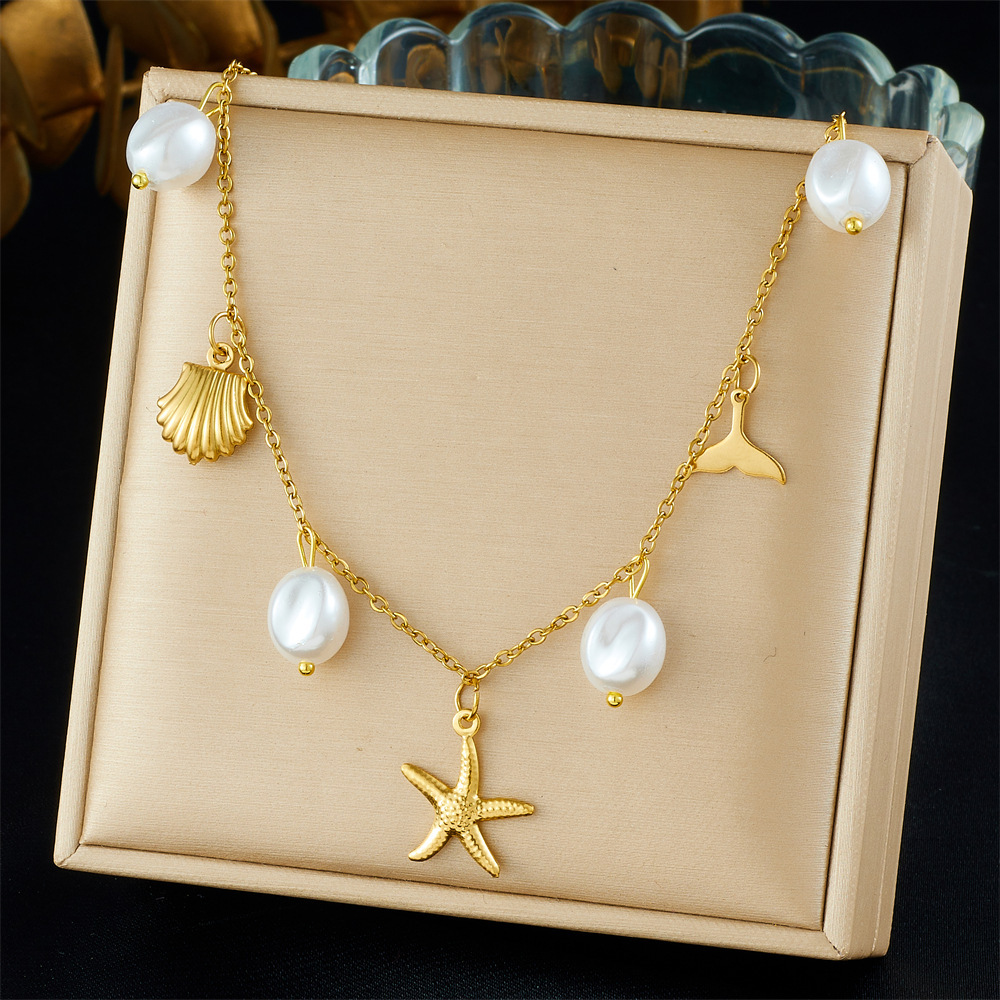 Fashionable, cross-border, simple, versatile, irregular pearl pendant, gold-plated starfish tail shell pendant, stainless steel necklace.