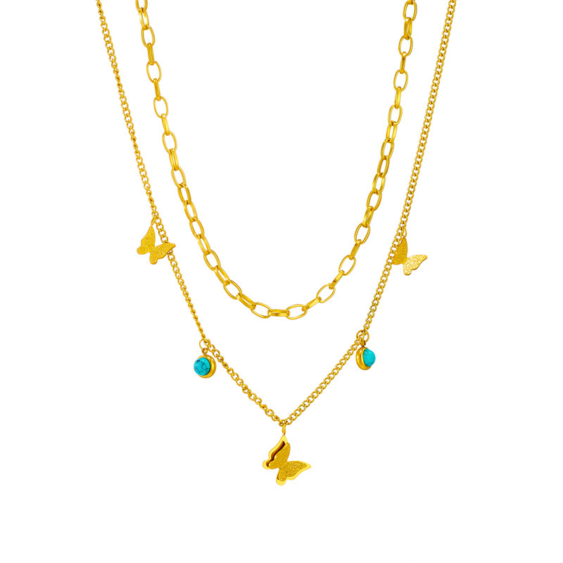 European and American cross-border fashion niche double-layered blue turquoise pendant three-dimensional butterfly titanium steel jewelry necklace