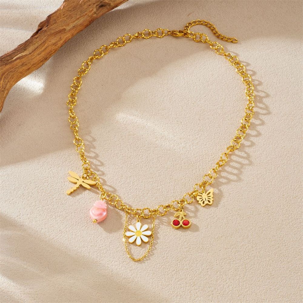 Dopamine-infused, fresh and sweet style jewelry, elegant and versatile, high-end clavicle chain with oil-drop daisy and cherry design.