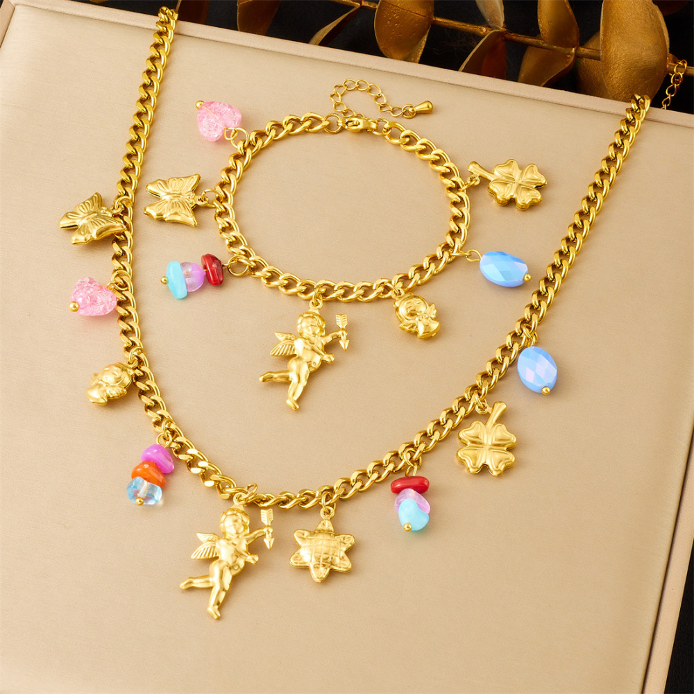 New cross-border fashion cute cartoon gold-plated 3D butterfly angel flower pendant stainless steel jewelry set