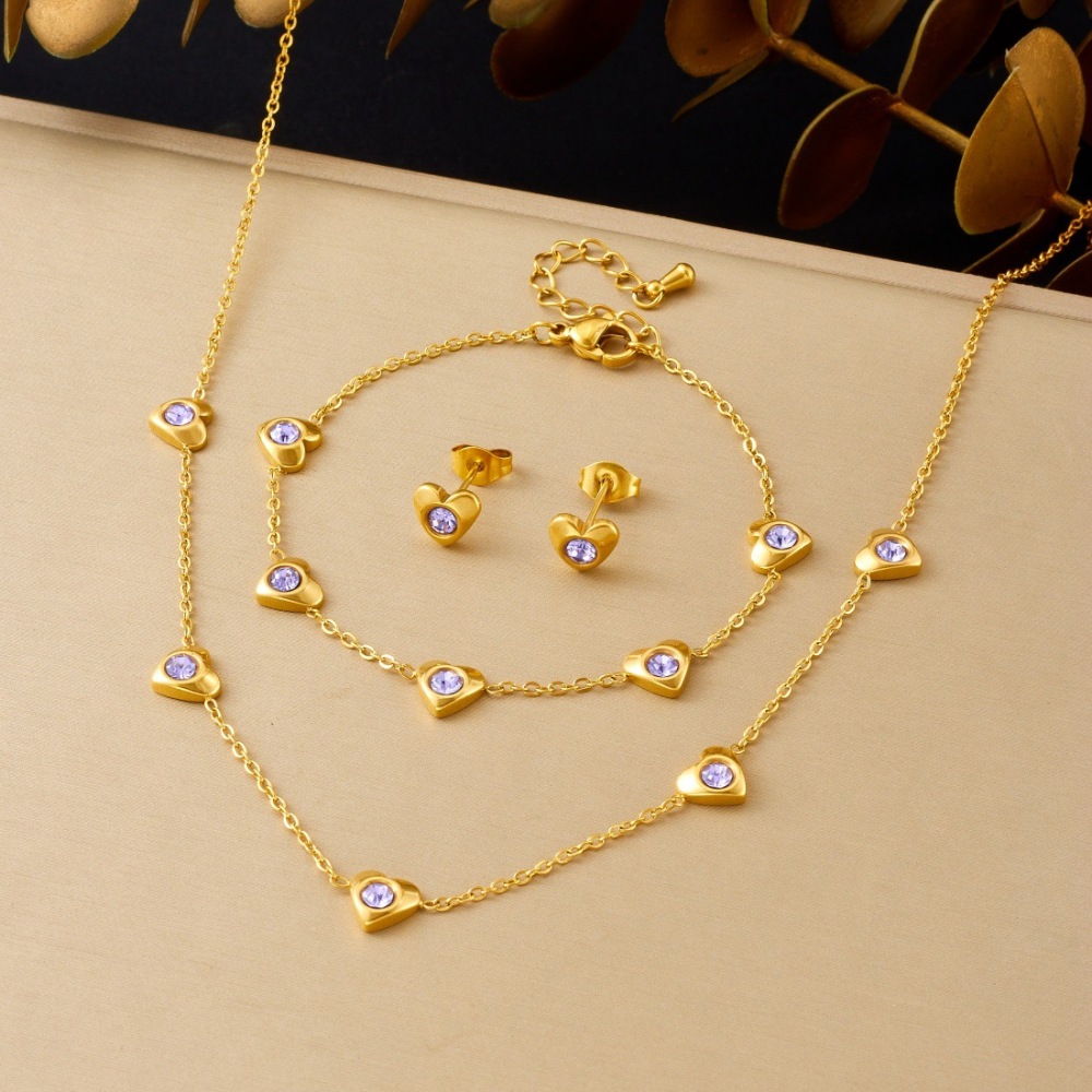 Korean-style fashionable and simple exquisite purple diamond-encrusted gold-plated heart-shaped accessory pendant jewelry three-piece set in stainless steel