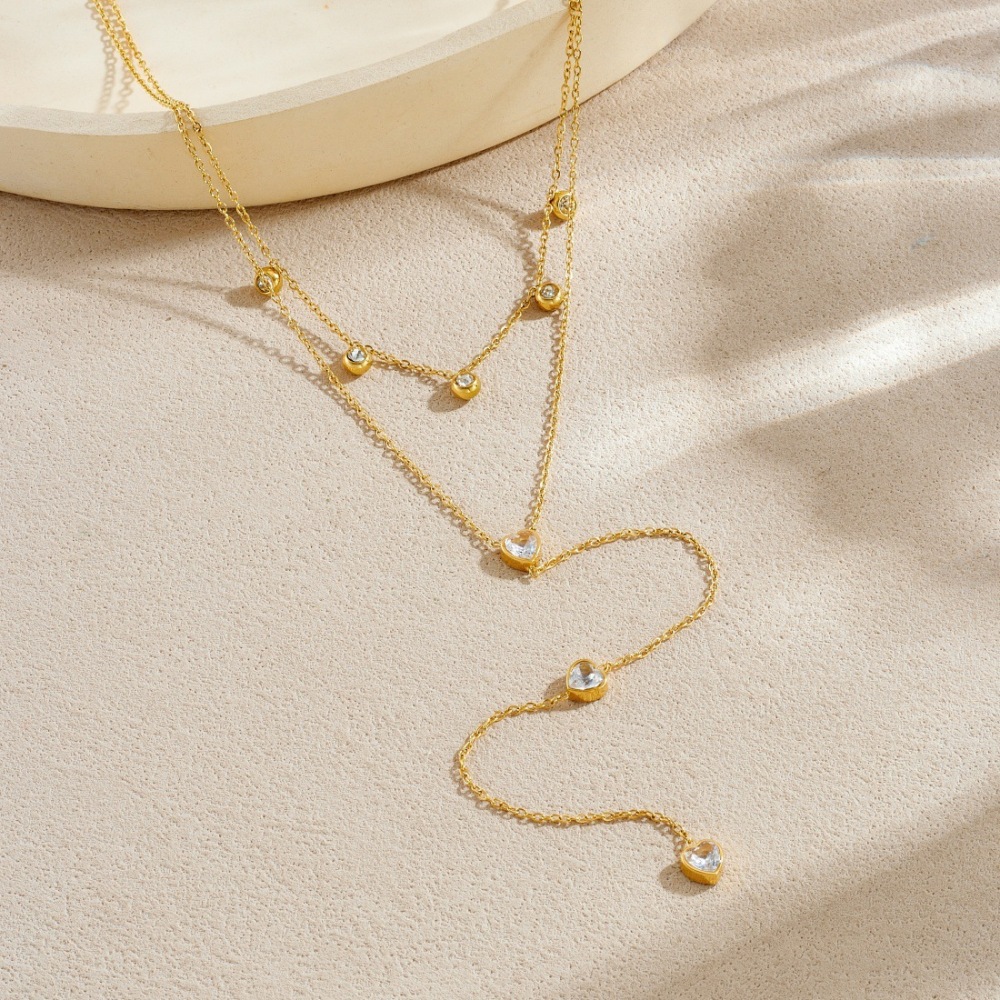 European and American cross-border fashion minimalist double-layered diamond-encrusted heart-shaped tassel delicate chain gold-plated stainless steel necklace