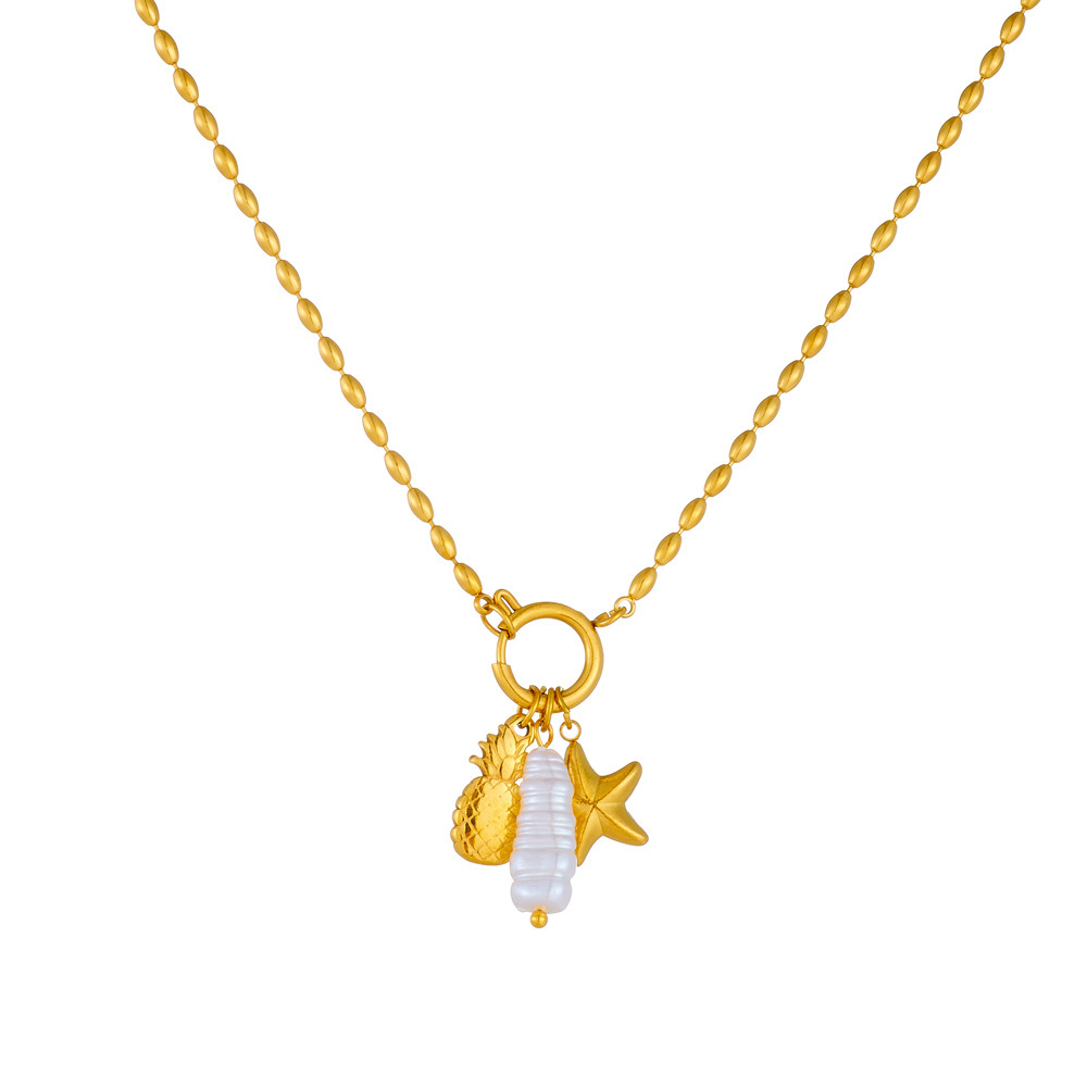 Cross-border fashion creative personalized round buckle gold-plated starfish pineapple fruit pendant stainless steel bead chain necklace