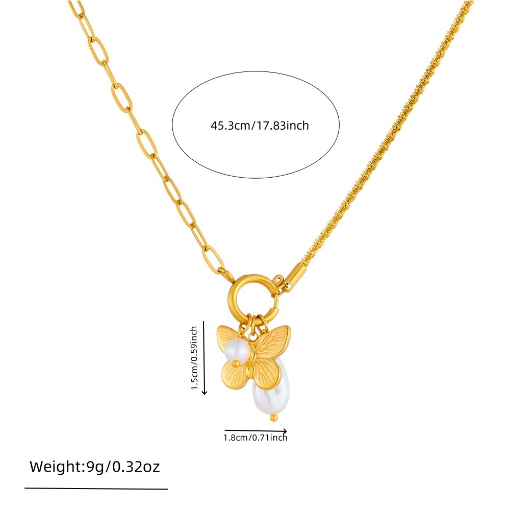Cross-border fashion minimalist creative pearl teardrop butterfly pendant stainless steel asymmetrical chain women's necklace