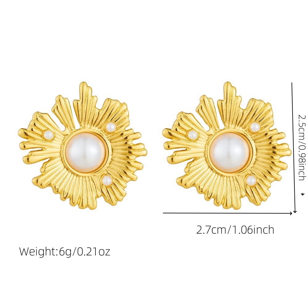 Korean style, fashionable, simple, commuter-friendly, irregular sunflower pearl stainless steel gold-plated earrings