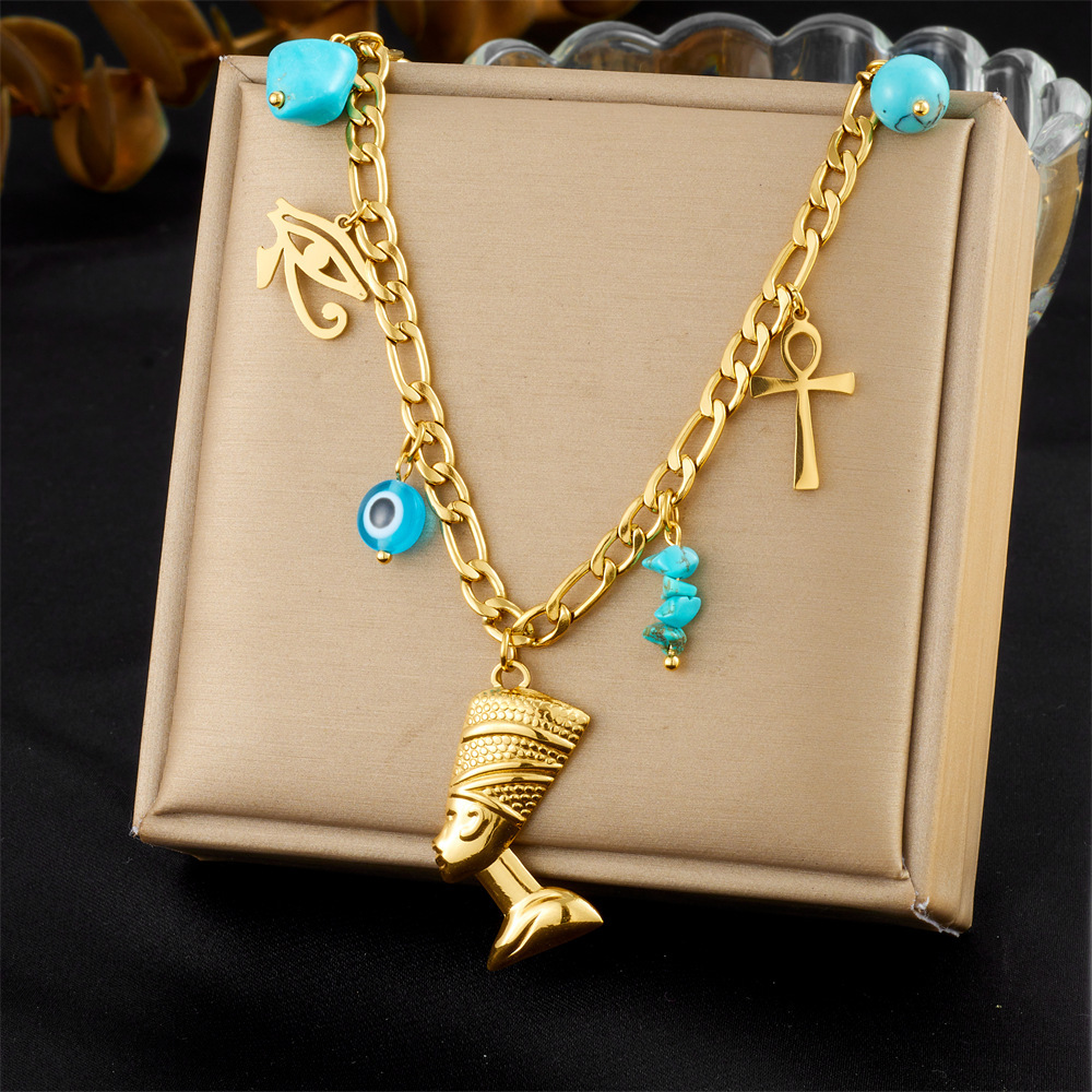 European and American cross-border creative personalized blue eyes cross cross portrait head gold-plated pendant stainless steel chain necklace