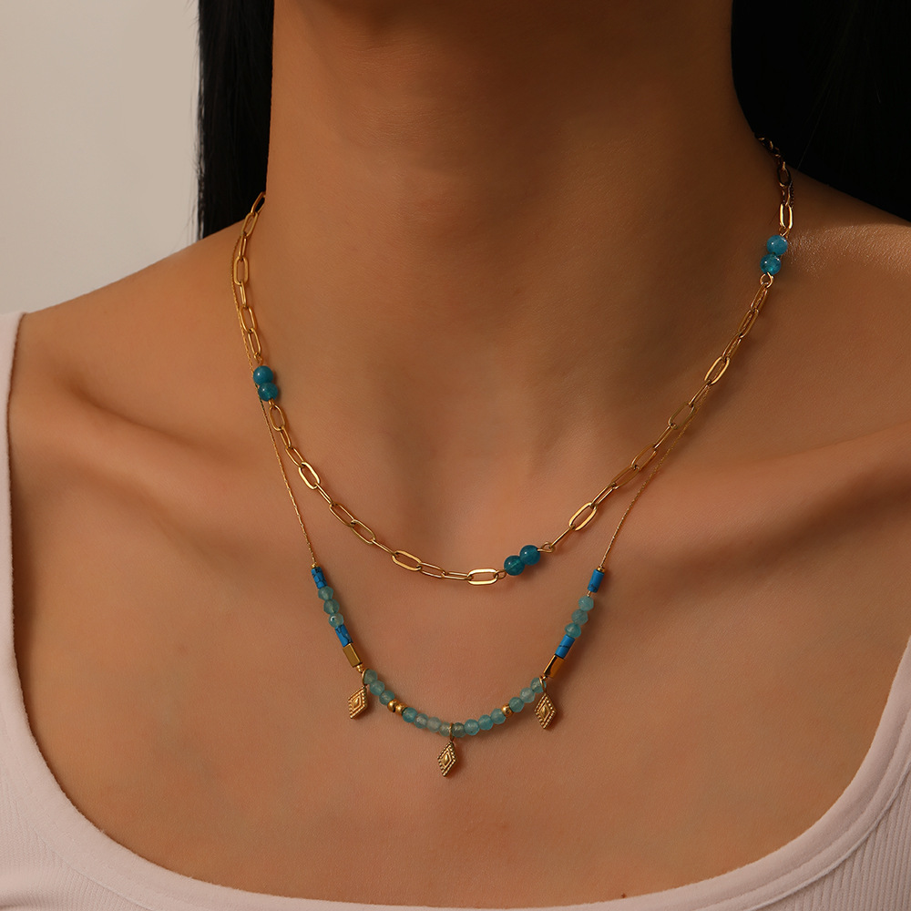 Fashionable, cross-border retro South Asian style blue beaded stacked chain diamond-shaped accessories stainless steel O-shaped necklace