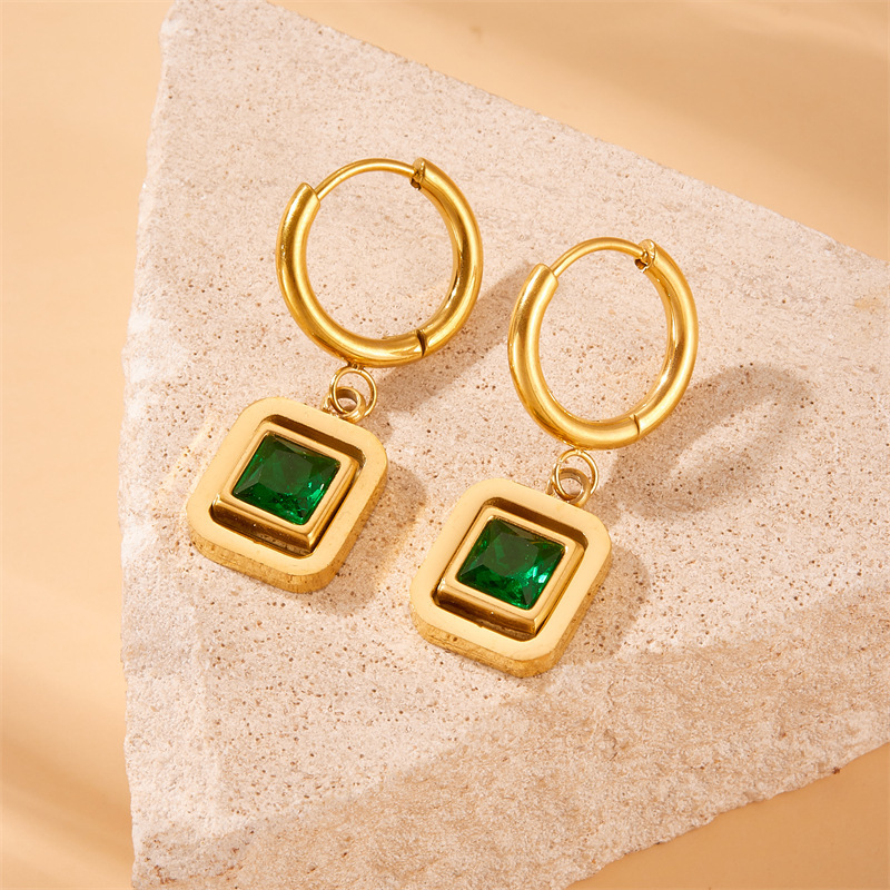 Cross-border fashion, retro style, square emerald geometric diamond-encrusted stainless steel earrings/studs
