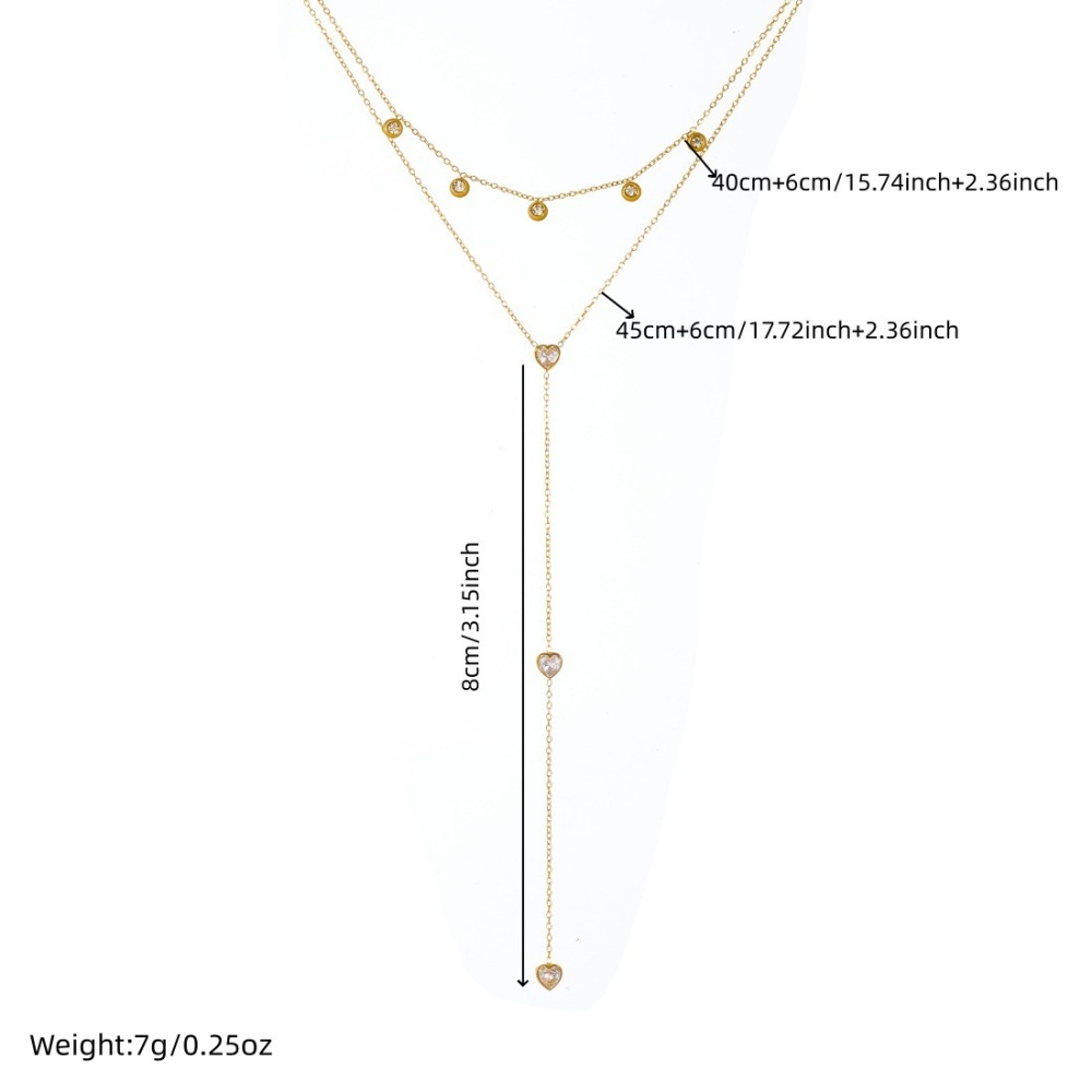 European and American cross-border fashion minimalist double-layered diamond-encrusted heart-shaped tassel delicate chain gold-plated stainless steel necklace