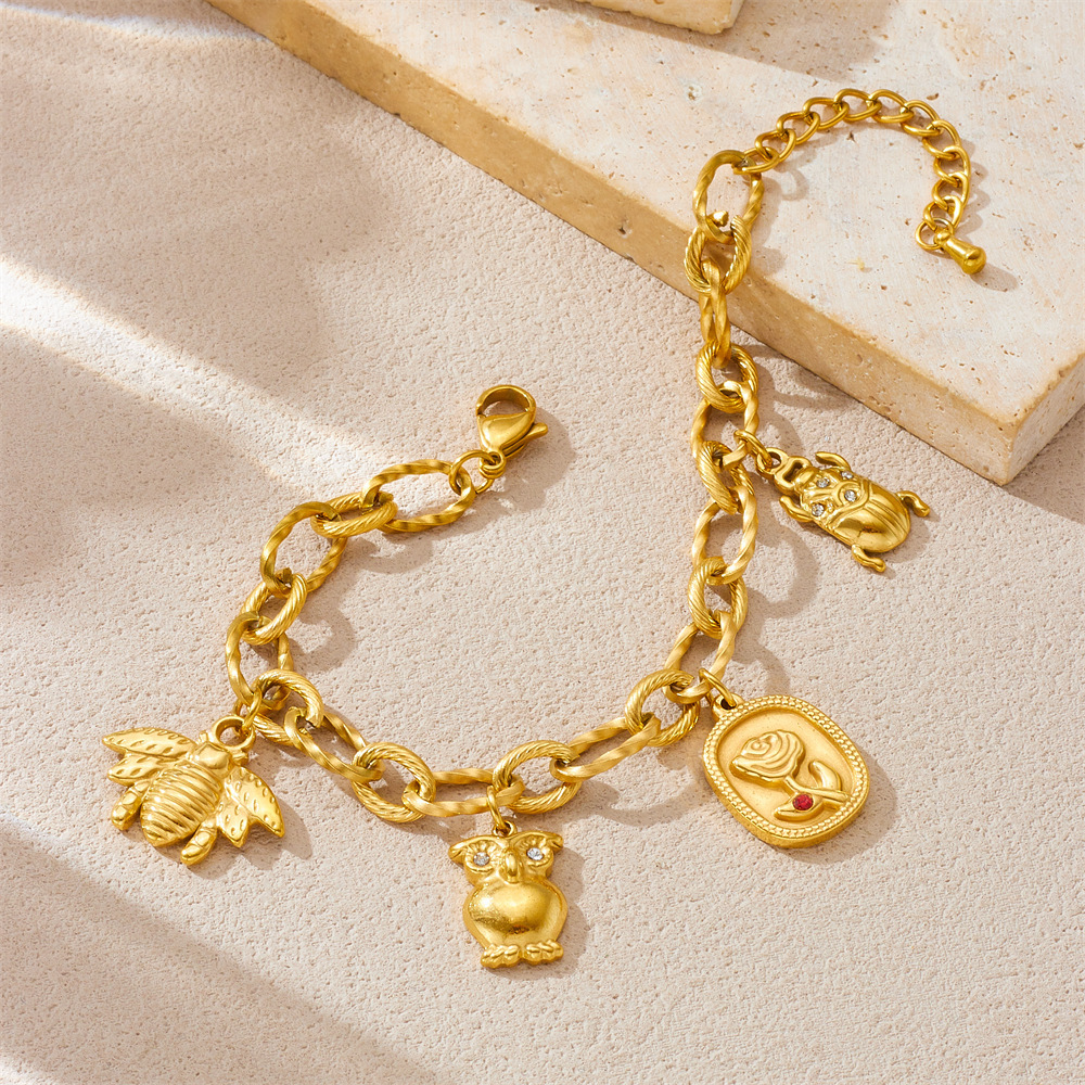 Cross-border fashion 18K gold plated stainless steel O-chain animal owl bee ladybug rose pendant bracelet