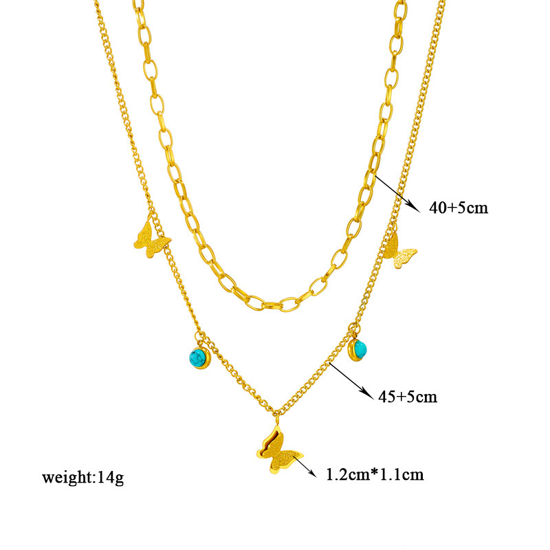 European and American cross-border fashion niche double-layered blue turquoise pendant three-dimensional butterfly titanium steel jewelry necklace