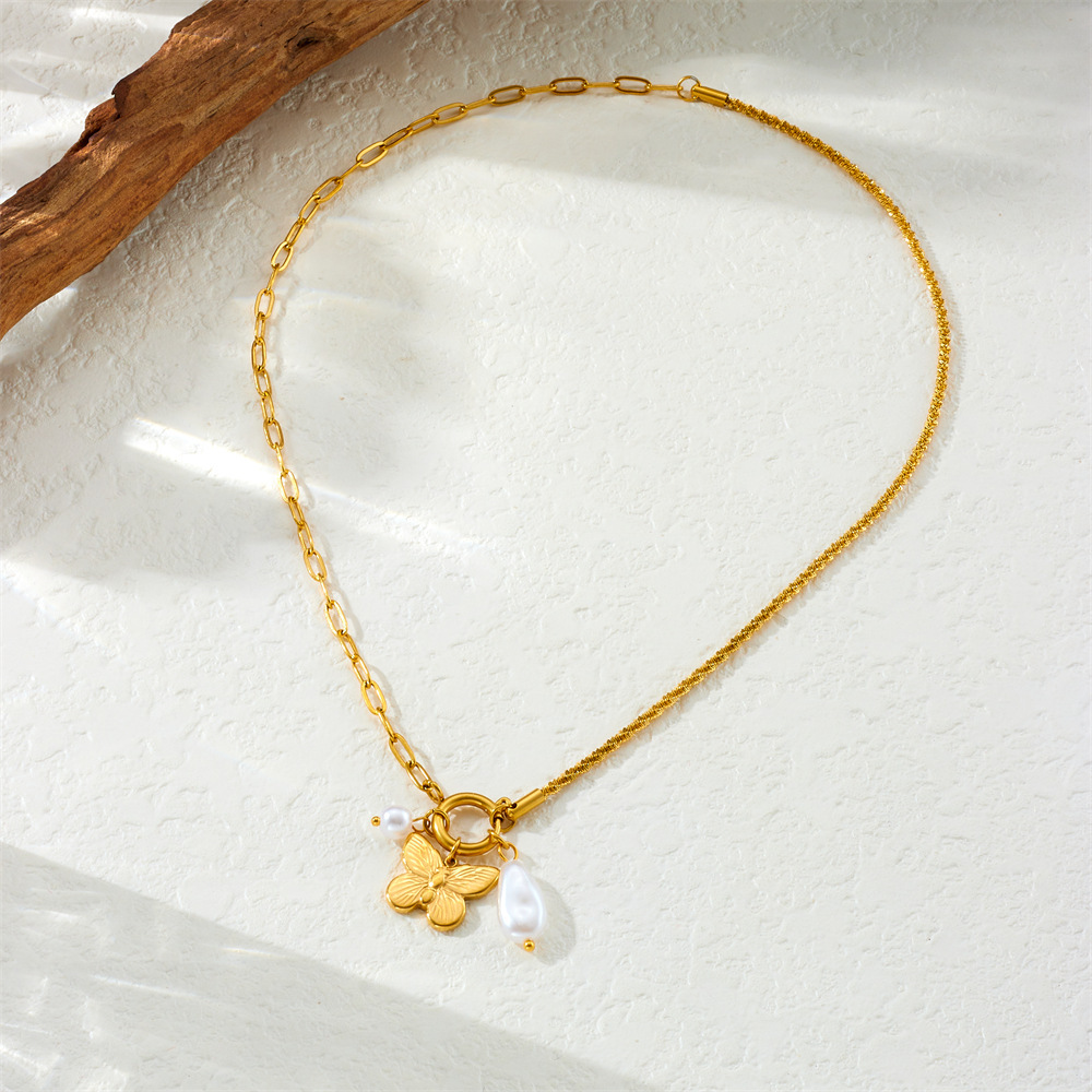 Cross-border fashion minimalist creative pearl teardrop butterfly pendant stainless steel asymmetrical chain women's necklace