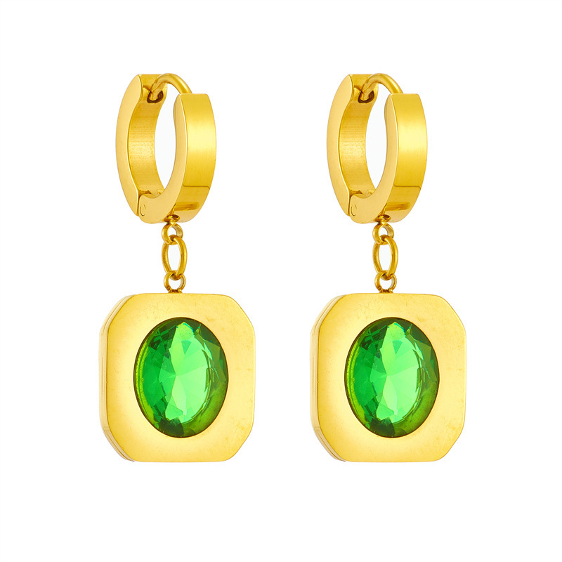 European and American cross-border fashion retro green faceted crystal titanium steel square pendant jewelry simple and versatile earrings