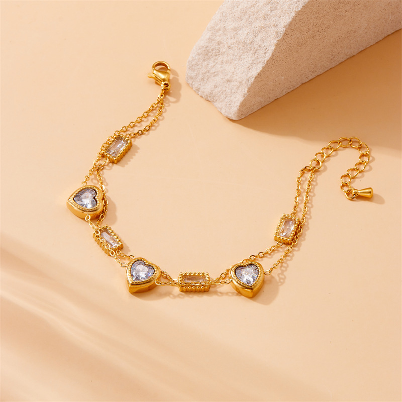 European and American style minimalist niche rhinestone-encrusted square heart double-layered stainless steel chain jewelry bracelet