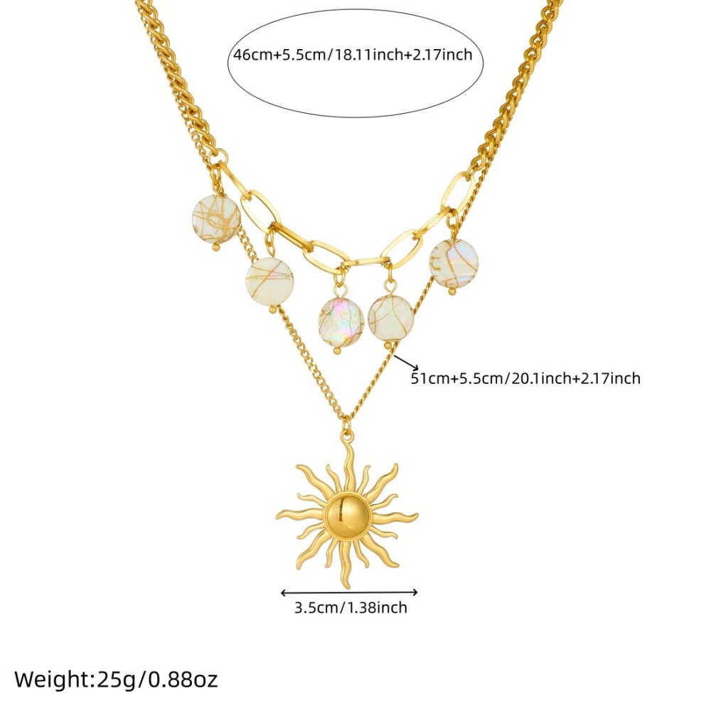 Cross-border fashion retro stainless steel sun-plated gold pendant geometric round pendant double-layer necklace