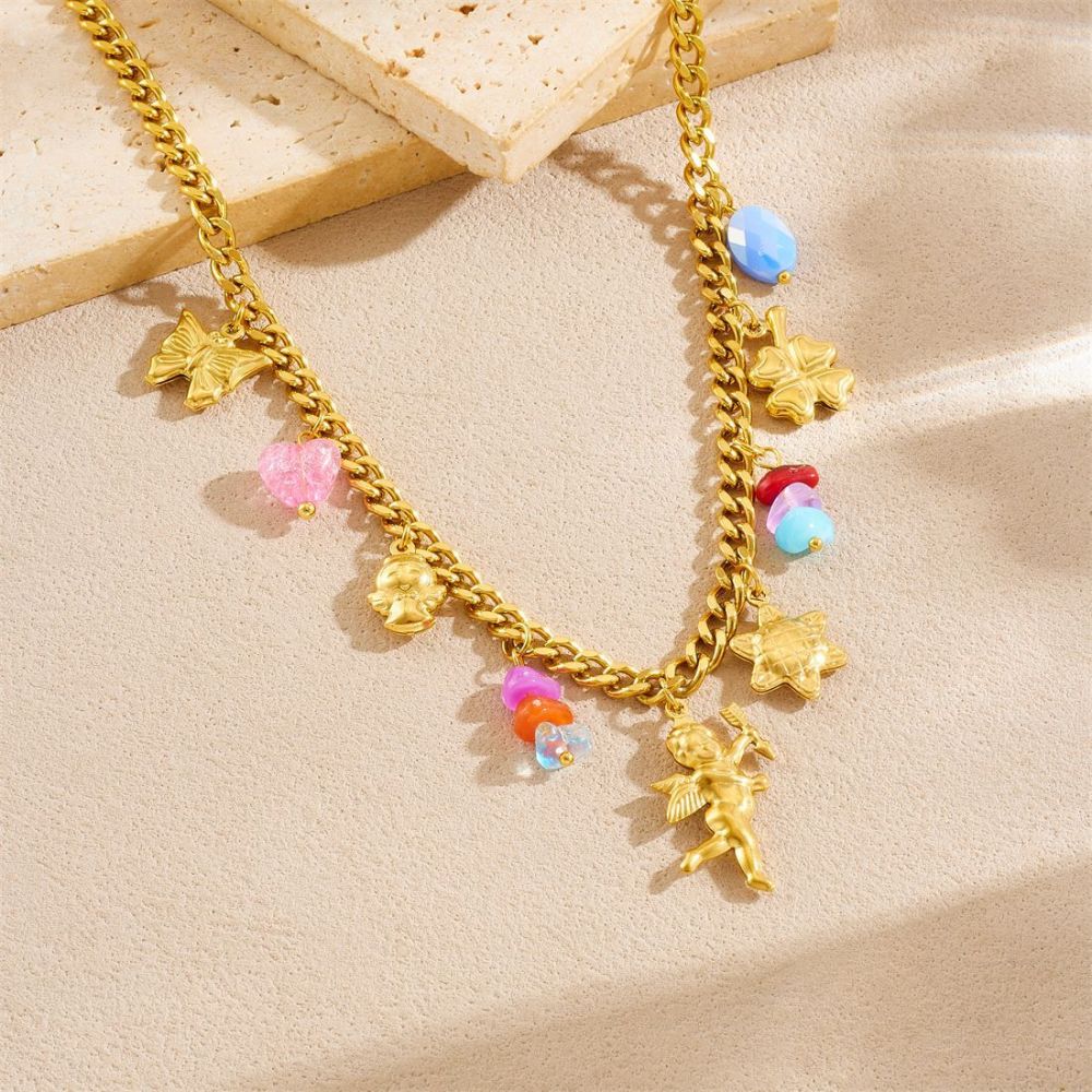 New cross-border fashion cute cartoon gold-plated 3D butterfly angel flower pendant stainless steel jewelry set