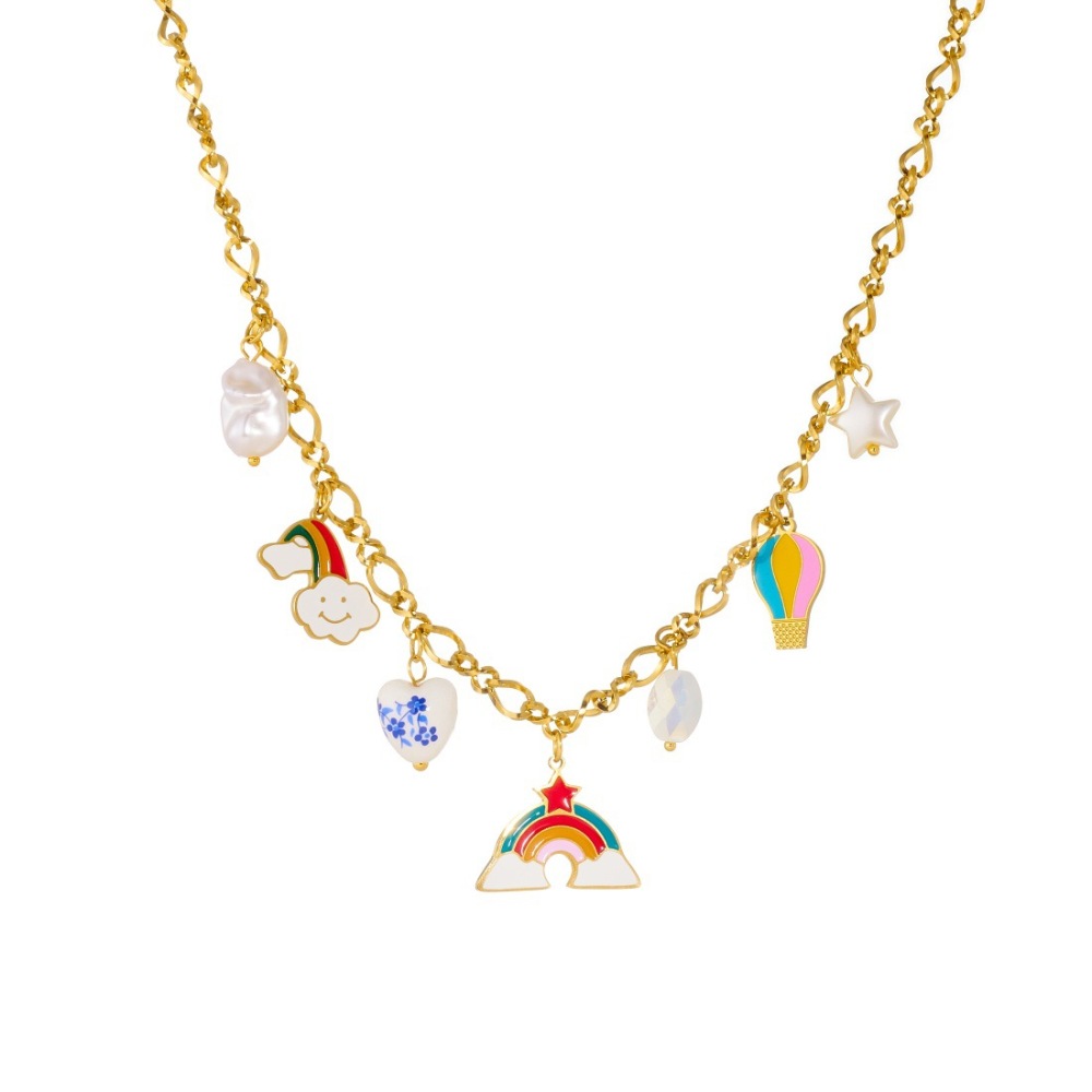 Fashionable Cartoon Sweet and Cute Colorful Oil Drip Hot Air Balloon Rainbow Pendant Heart-Shaped Ceramic Accessories Jewelry Set