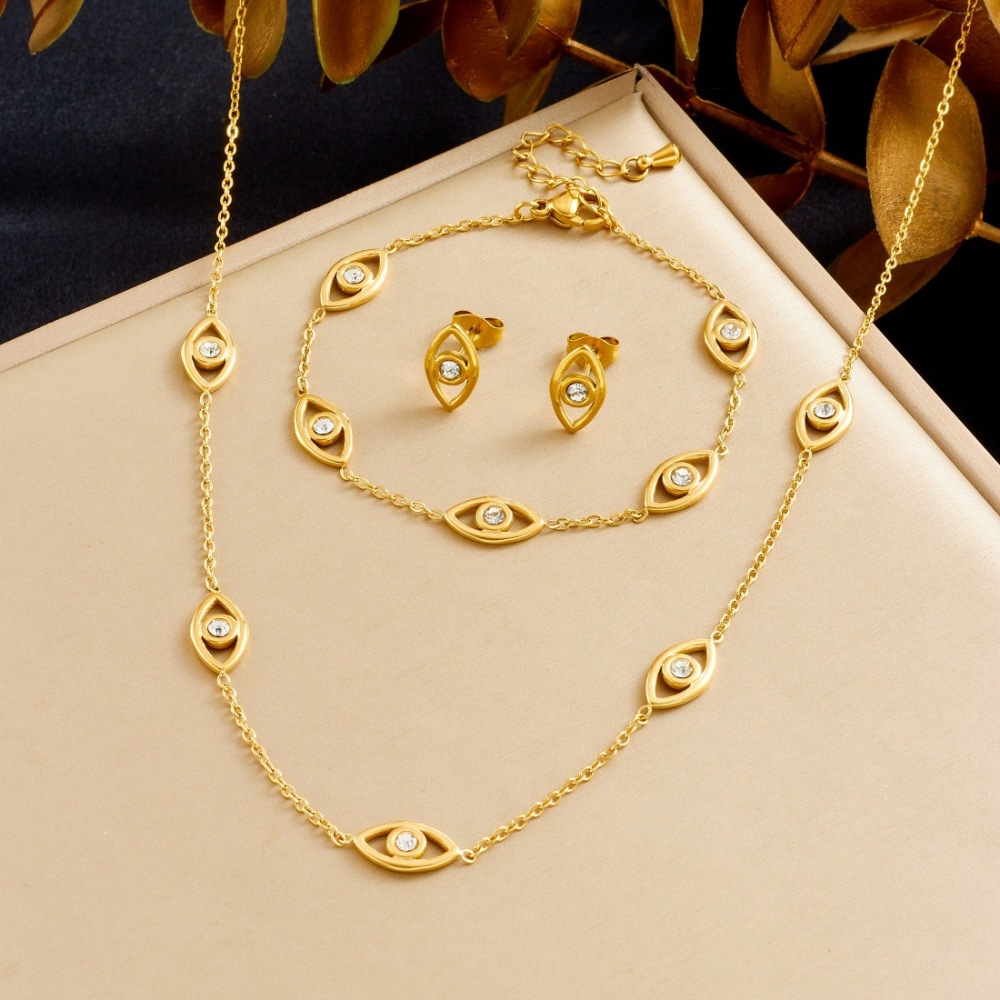 Cross-border fashion high-end diamond-encrusted evil eye accessory pendant gold-plated stainless steel chain jewelry set