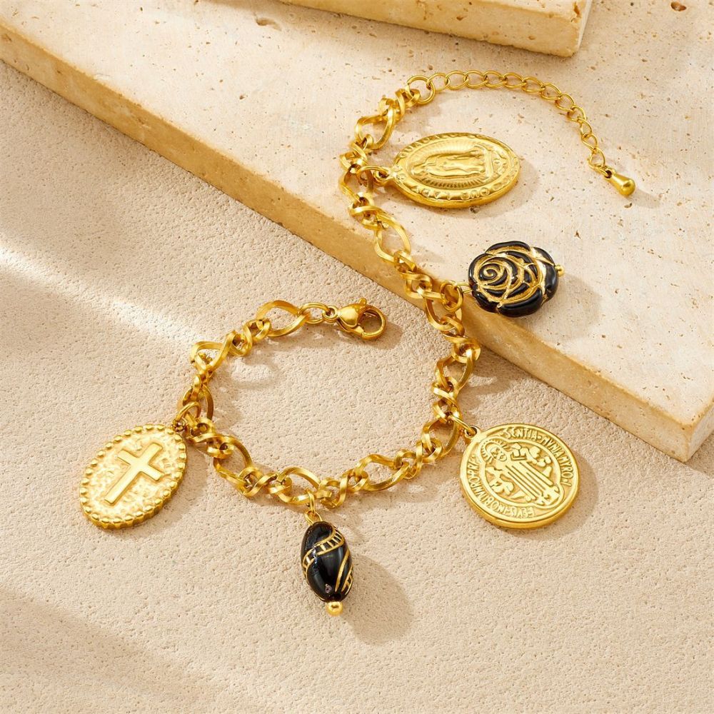 European and American style light luxury court style black and gold color blocking round plaque embossed portrait cross acrylic flower set