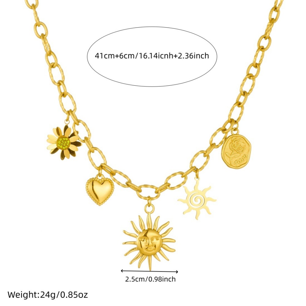 Cross-border fashion heavy-duty retro diamond-encrusted sunflower heart round pendant stainless steel face sun accessory necklace
