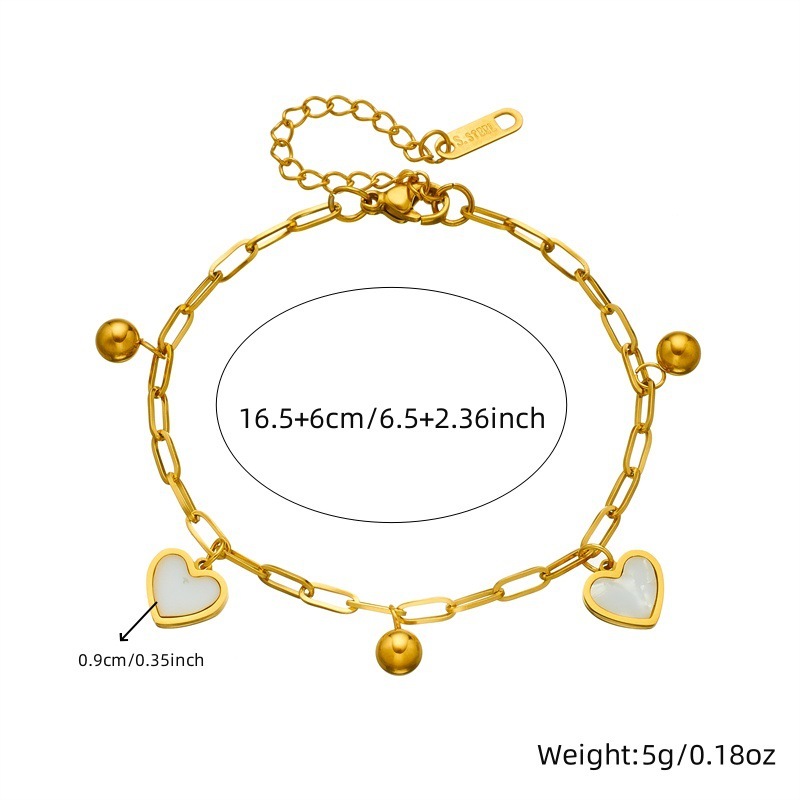 European and American style, light luxury, minimalist gold-plated stainless steel white shell heart bead pendant chain bracelet