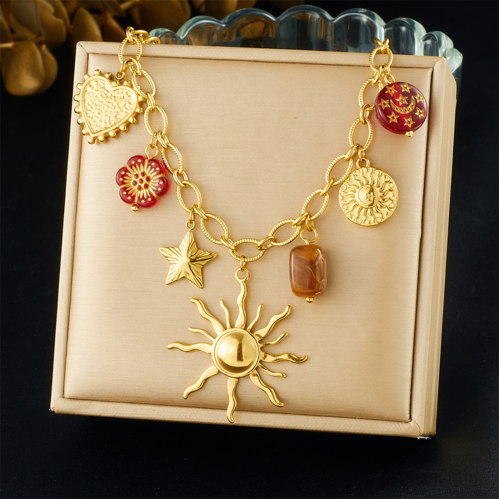 Cross-border fashion retro multi-element printed round moon flower star sun pendant chain necklace