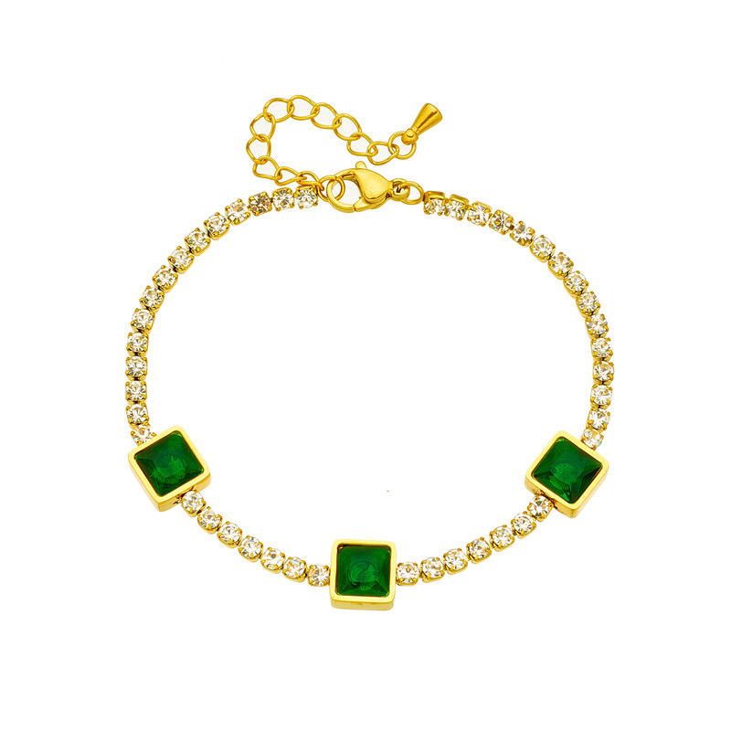 European and American cross-border fashion niche diamond-encrusted chain square emerald pendant titanium steel jewelry bracelet