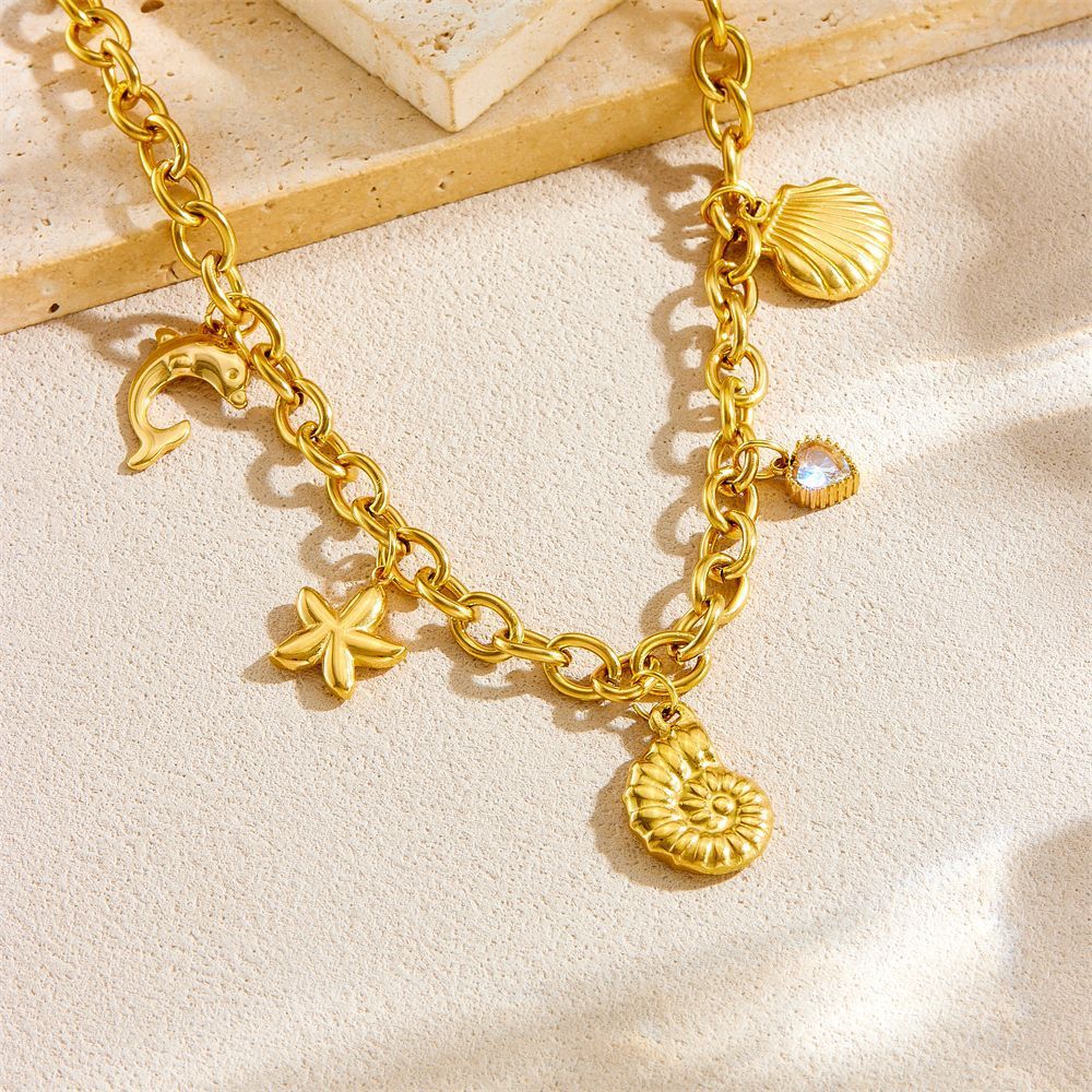 European and American style ocean series chunky chain starfish shell dolphin conch stainless steel necklace