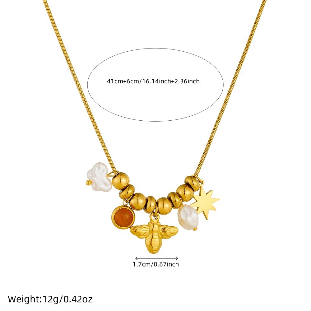 Fashionable retro creative versatile multi-element pendant stainless steel chain eight-pointed star bee pearl accessory necklace