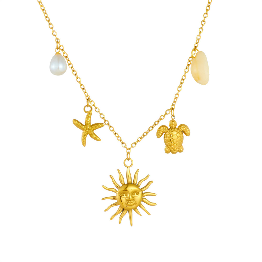 Cross-border fashion shell pearl gold-plated turtle starfish face sun pendant chain stainless steel minimalist style necklace