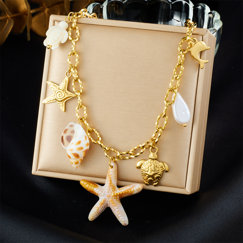 Cross-border Fashion Ocean Series Beach Vacation Starfish, Conch, Turtle Gold-plated Pendant Chain Stainless Steel Necklace