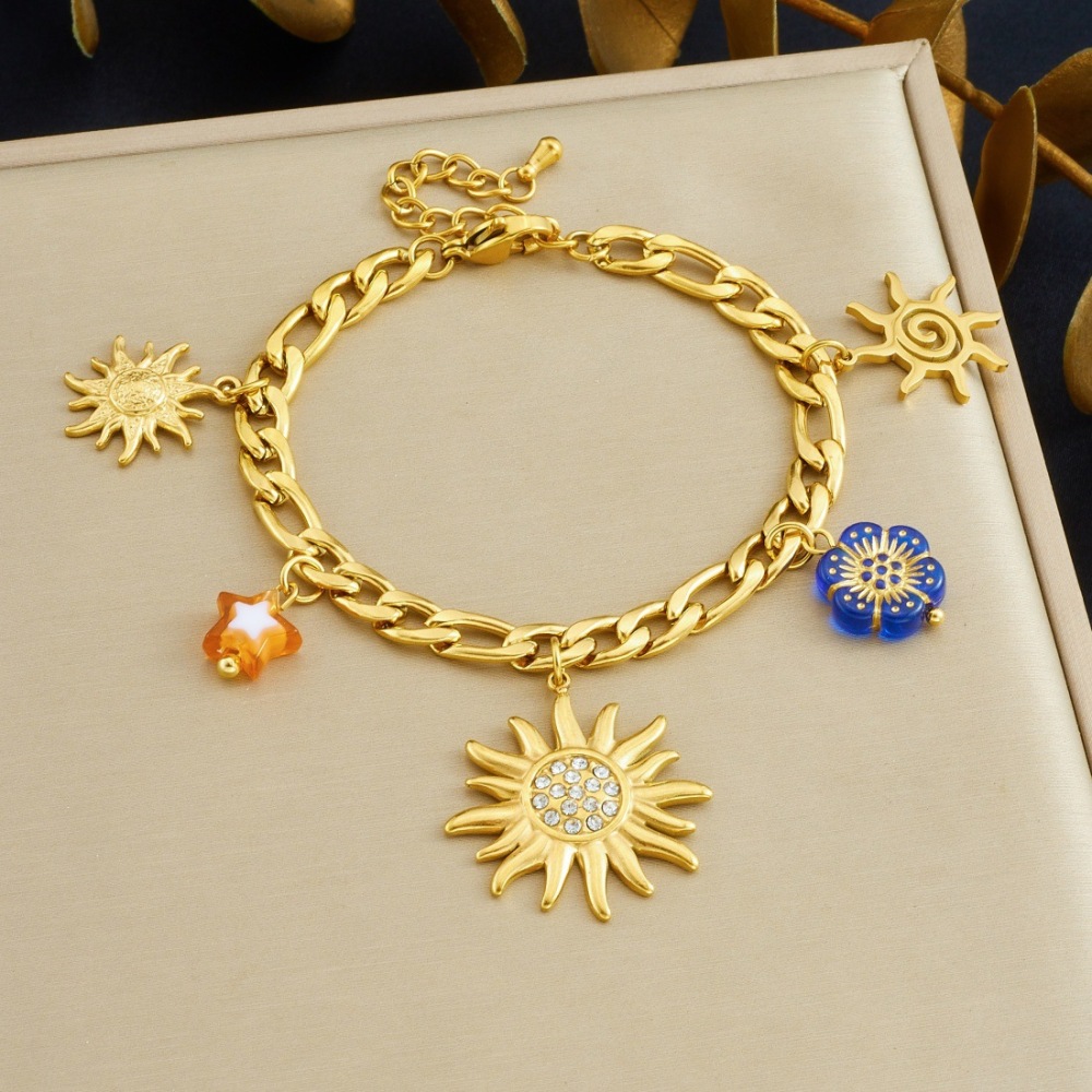 Cross-border niche retro fashion diamond-encrusted gold-plated sun pendant chain with colorful acrylic accessories jewelry set