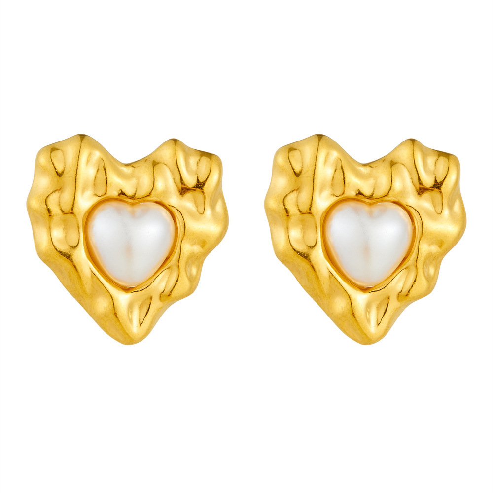 Cross-border fashion niche design, irregularly shaped, pearl-inlaid heart-shaped stainless steel French earrings