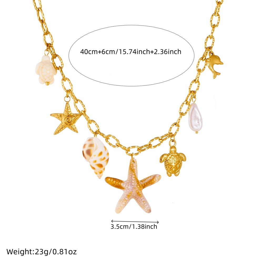 Cross-border Fashion Ocean Series Beach Vacation Starfish, Conch, Turtle Gold-plated Pendant Chain Stainless Steel Necklace