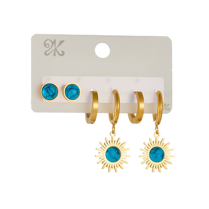 European and American style retro versatile round blue turquoise pendant stainless steel three-piece earring set