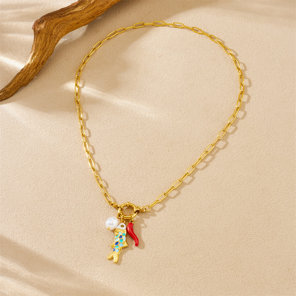 Niche Fashion Ocean Cartoon Colorful Oil-Drip Fish Pendant, Faux Pearl Chili Pepper Pendant, Round Spring Clasp Necklace